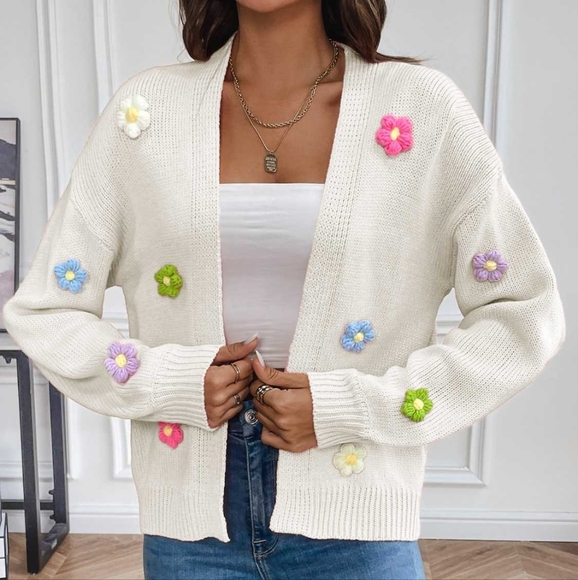 Wildflower Whisper Open Front Cardigan - White - Picture 1 of 5